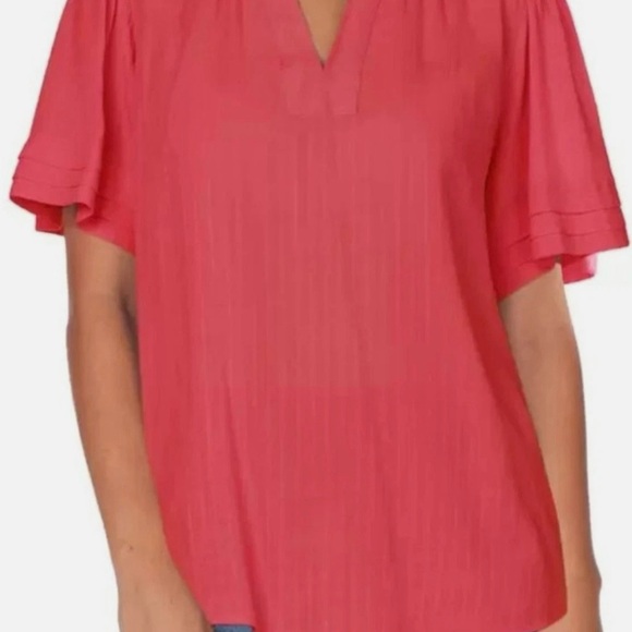 Well Worn Tops - Well Worn Split Neck Short Sleeve Blouse - XL - Raspberry Coral